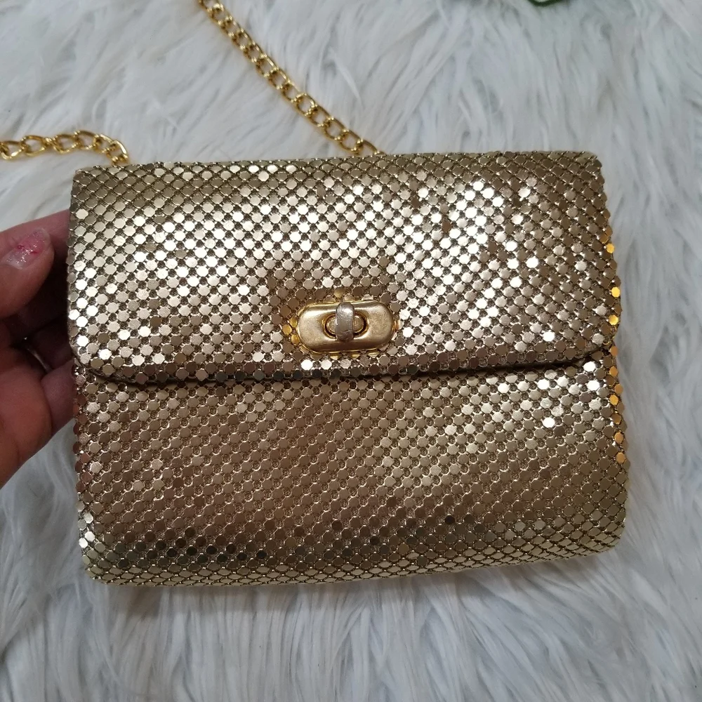 Gold Mesh Evening Clucht Crossbody Bag.